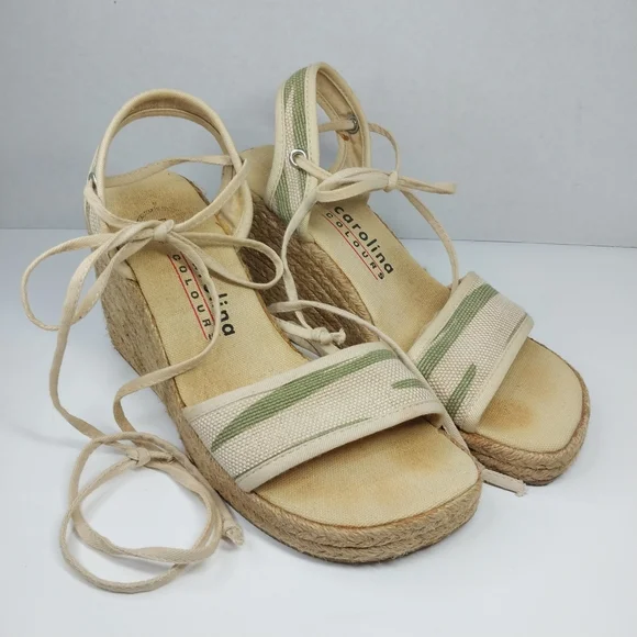 Carolina Colours Size 7 Tan Green Espadrille Wedge Y2K Tie Ankles Sandals Shoes - Picture 1 of 12